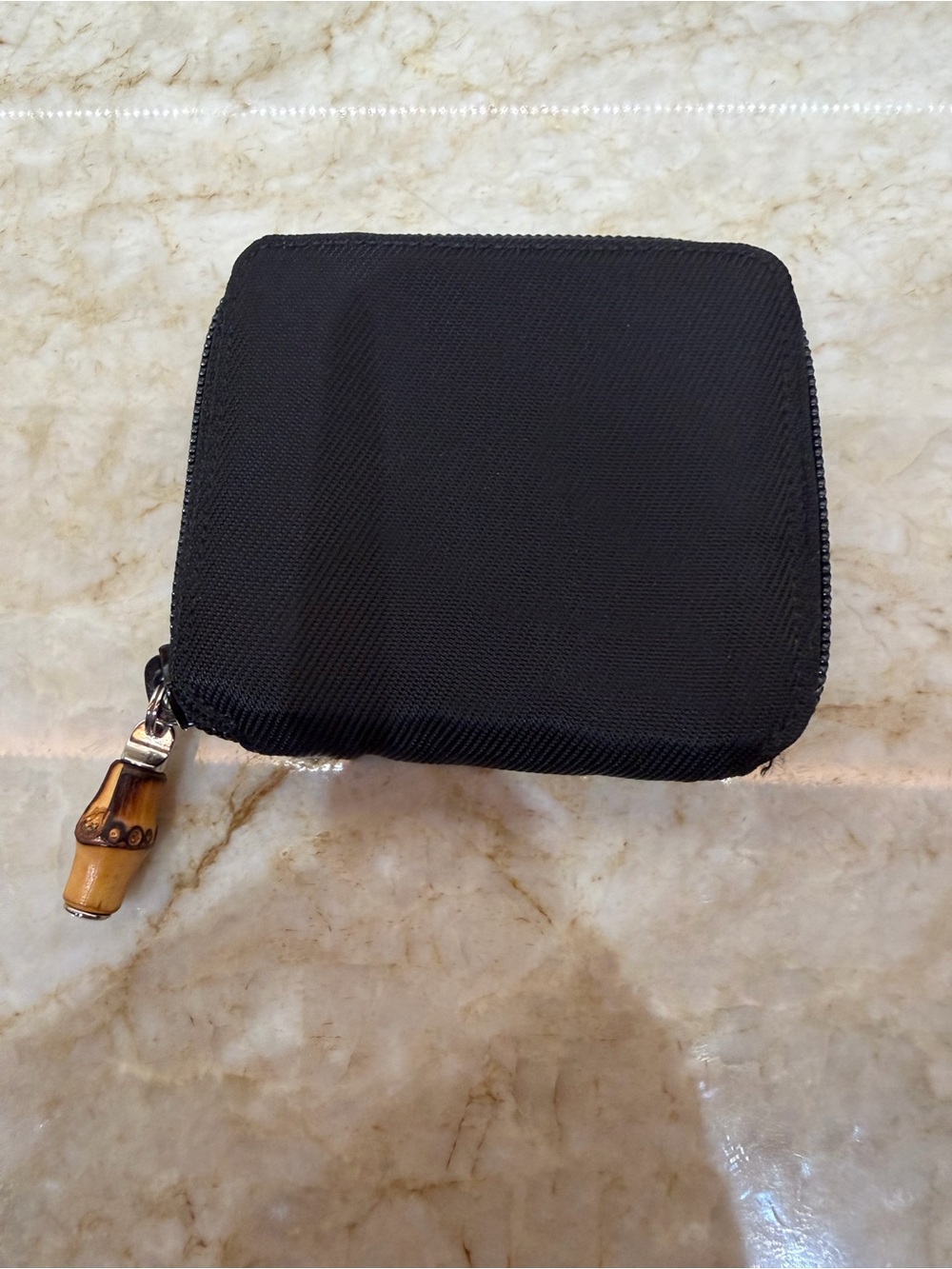 Gucci Black Zippered Travel Wallet with Bamboo Pull